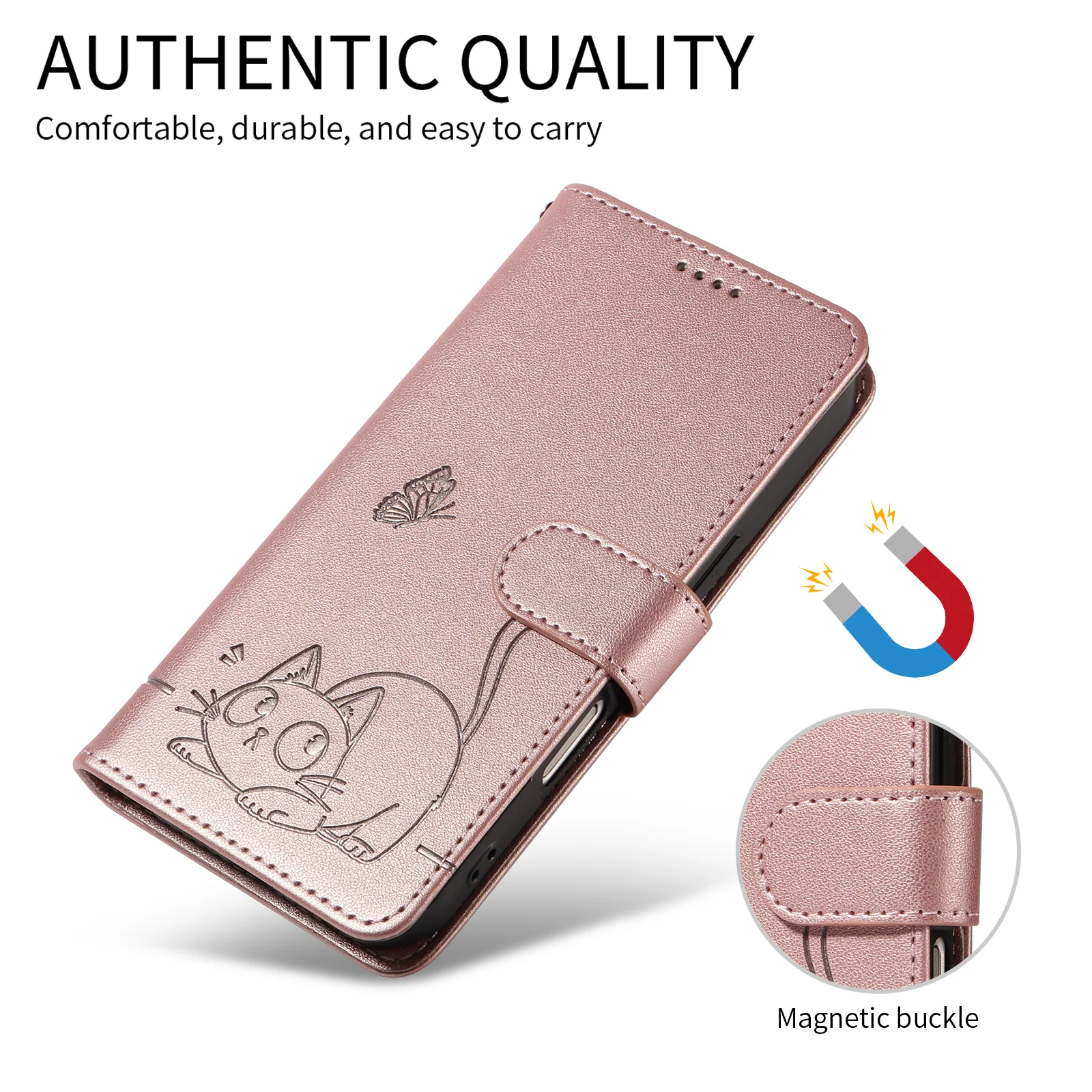 For iPhone 17 Pro Max Case Cat Pattern Imprint Leather Phone Cover with Wrist Strap - Rose Gold - Image 5