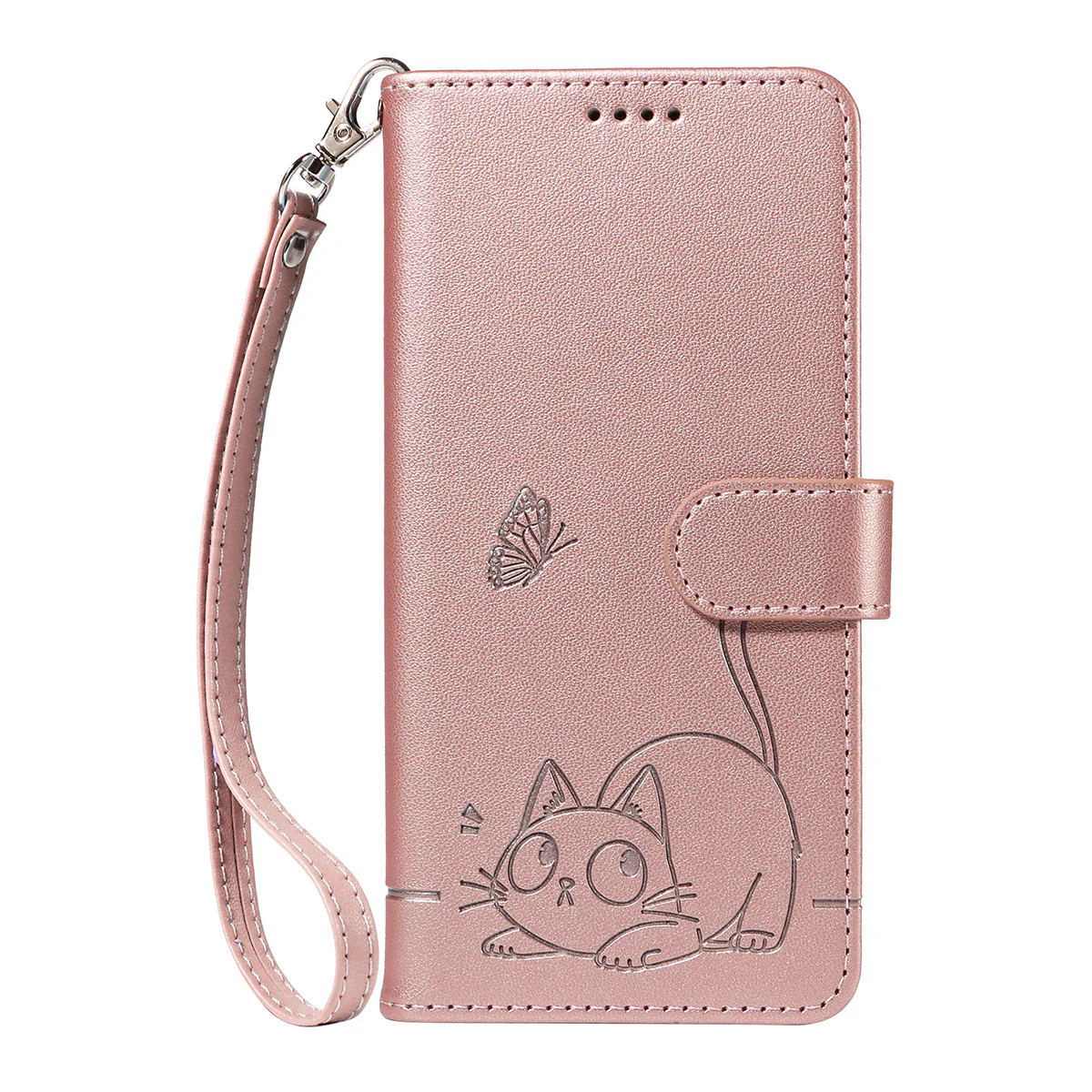 For iPhone 17 Pro Max Case Cat Pattern Imprint Leather Phone Cover with Wrist Strap - Rose Gold - Image 6