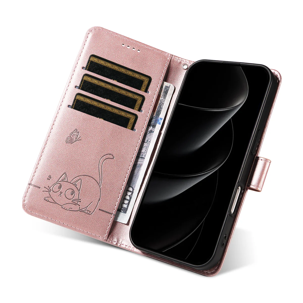 For iPhone 17 Pro Max Case Cat Pattern Imprint Leather Phone Cover with Wrist Strap - Rose Gold - Image 8