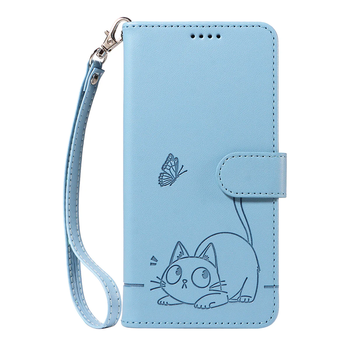 For iPhone 17 Pro Max Case Cat Pattern Imprint Leather Phone Cover with Wrist Strap - Sky Blue - Image 6