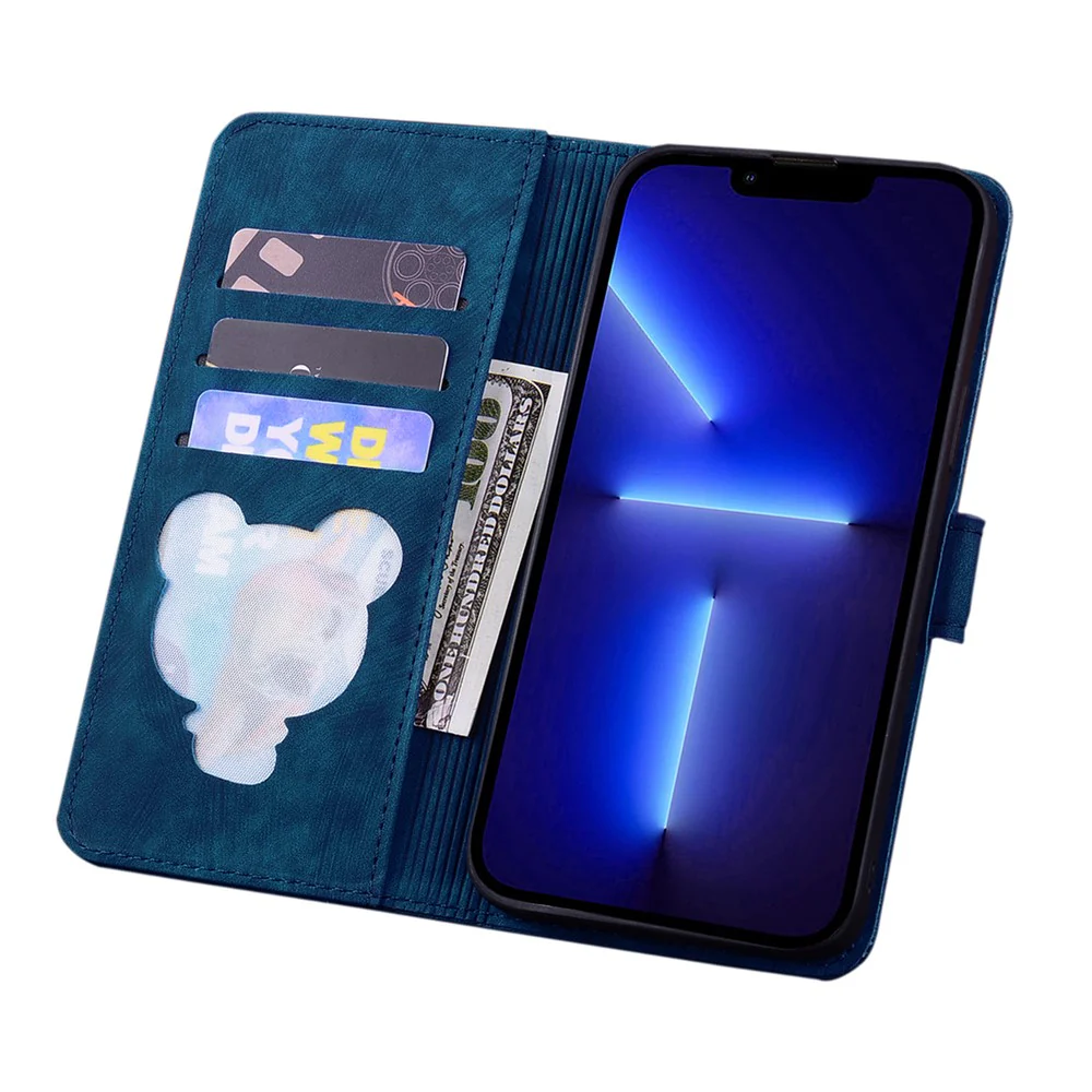 For iPhone 17 Pro Max Case Cherry Blossom Cat Imprinted Leather Phone Cover with Wrist Strap - Blue - Image 2