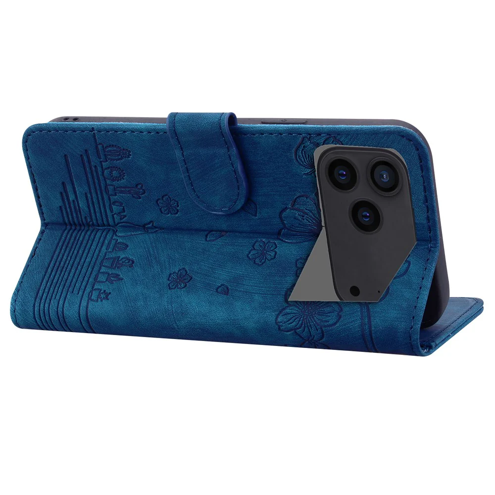 For iPhone 17 Pro Max Case Cherry Blossom Cat Imprinted Leather Phone Cover with Wrist Strap - Blue - Image 3