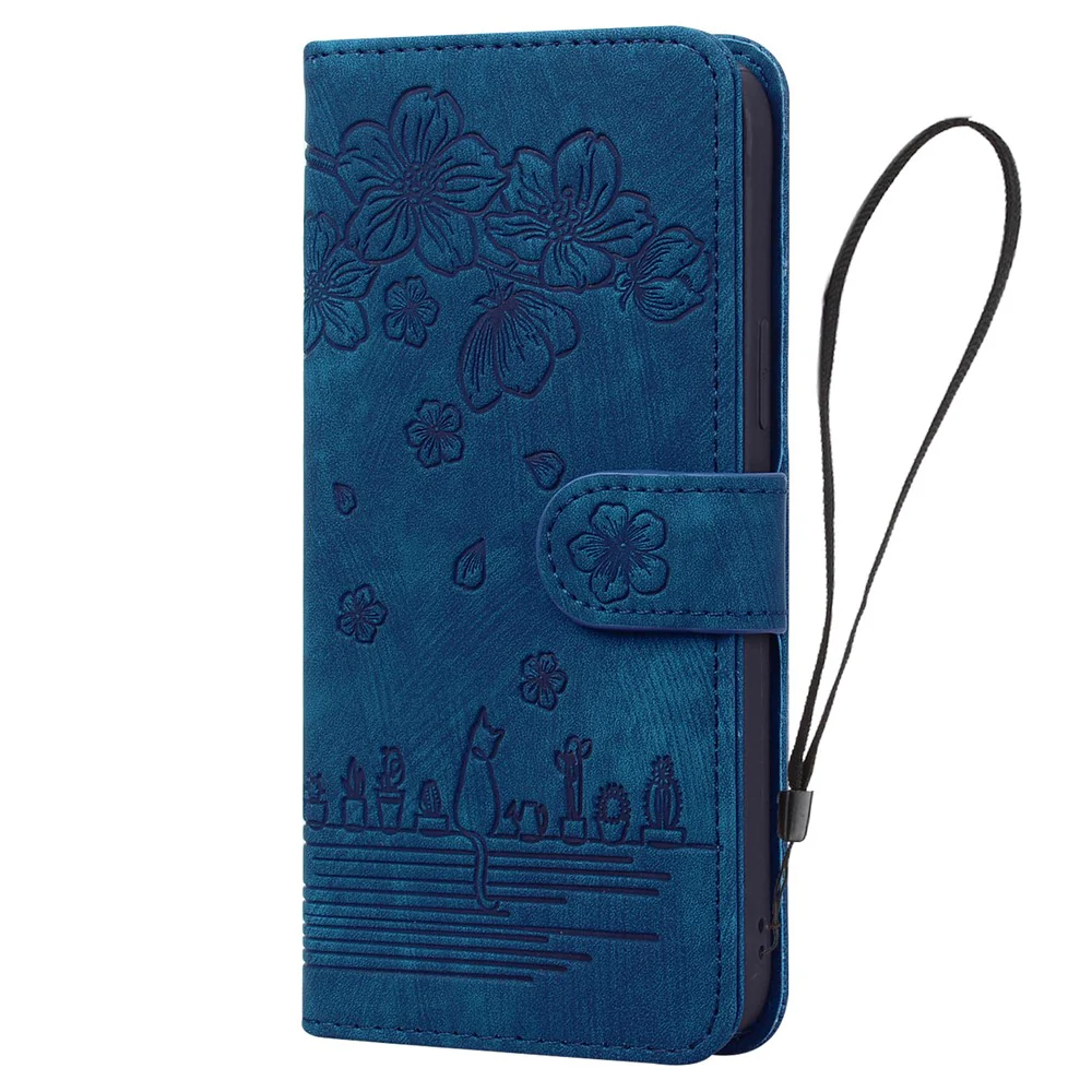 For iPhone 17 Pro Max Case Cherry Blossom Cat Imprinted Leather Phone Cover with Wrist Strap - Blue - Image 5