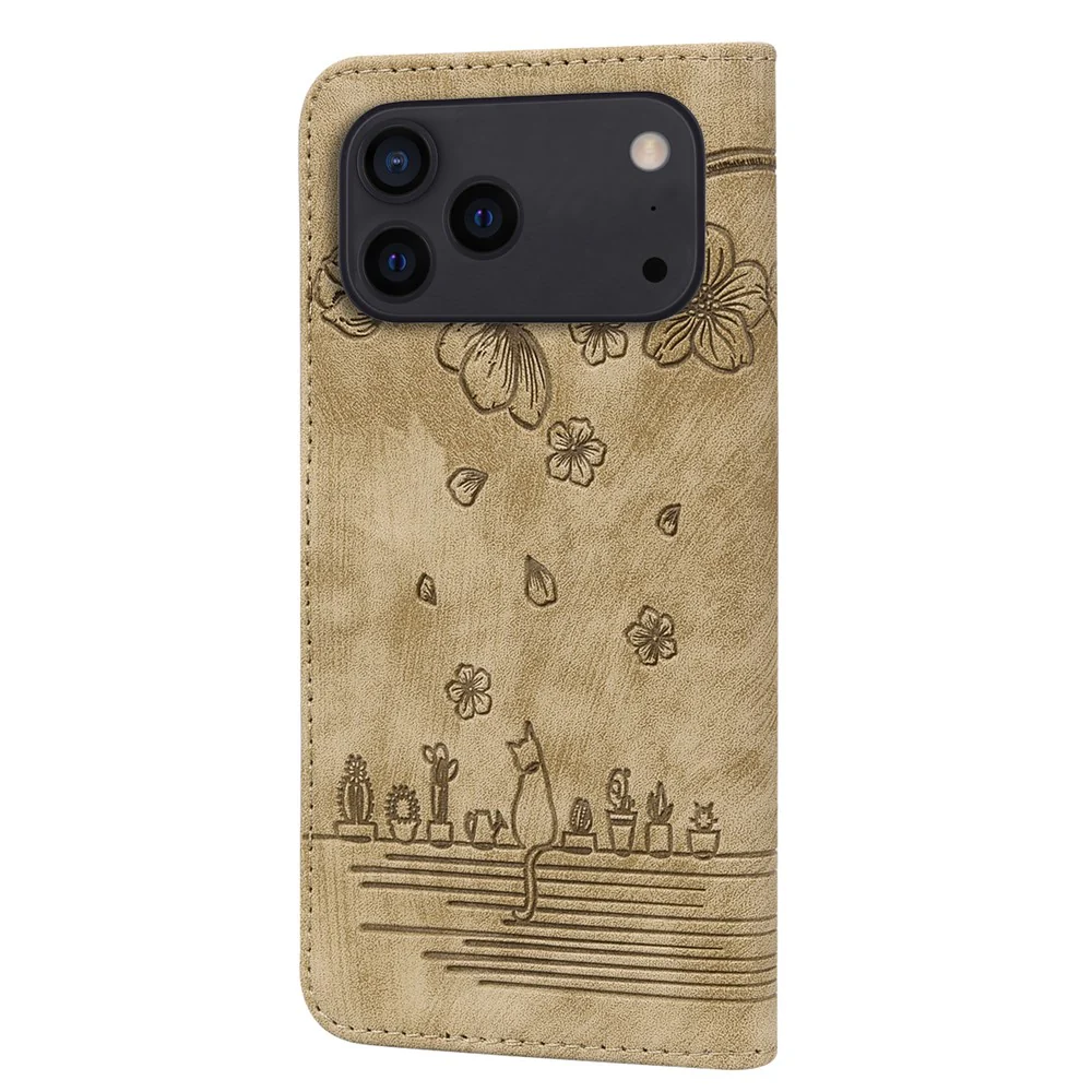 For iPhone 17 Pro Max Case Cherry Blossom Cat Imprinted Leather Phone Cover with Wrist Strap - Brown - Image 5