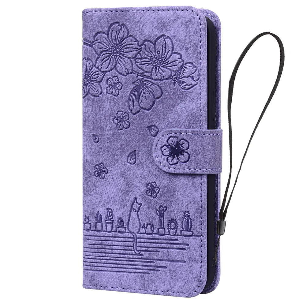 For iPhone 17 Pro Max Case Cherry Blossom Cat Imprinted Leather Phone Cover with Wrist Strap - Purple - Image 5