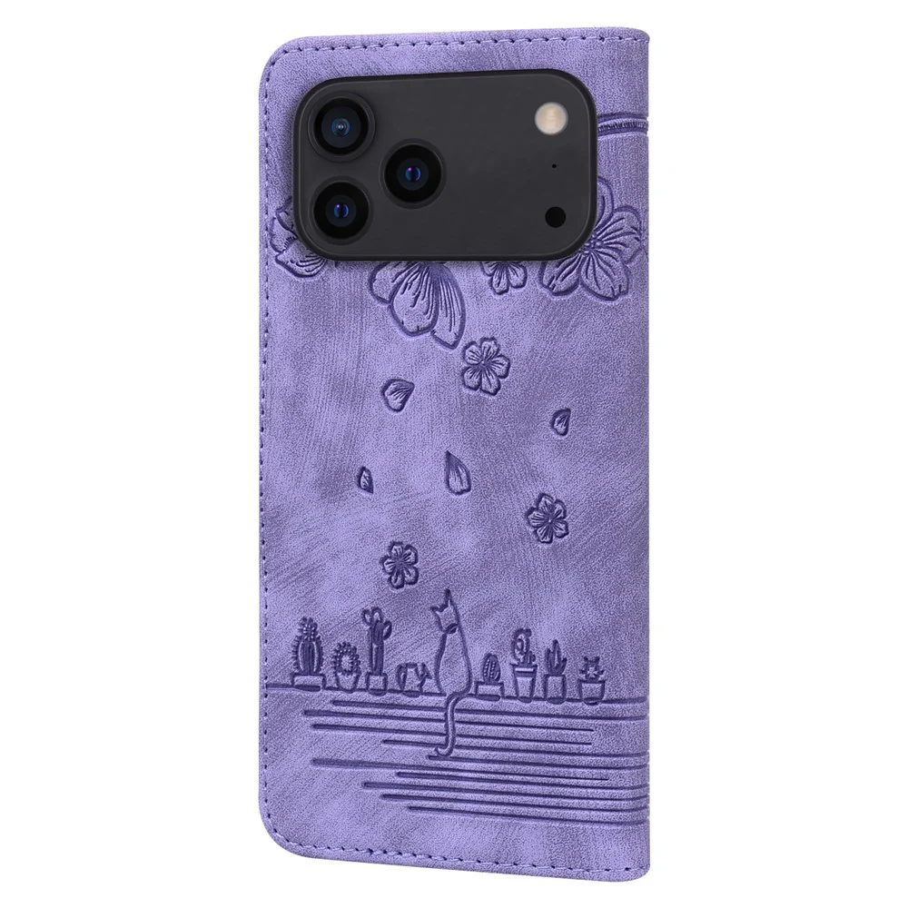 For iPhone 17 Pro Max Case Cherry Blossom Cat Imprinted Leather Phone Cover with Wrist Strap - Purple - Image 6