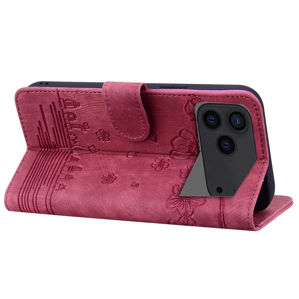 For iPhone 17 Pro Max Case Cherry Blossom Cat Imprinted Leather Phone Cover with Wrist Strap - Red - Image 3