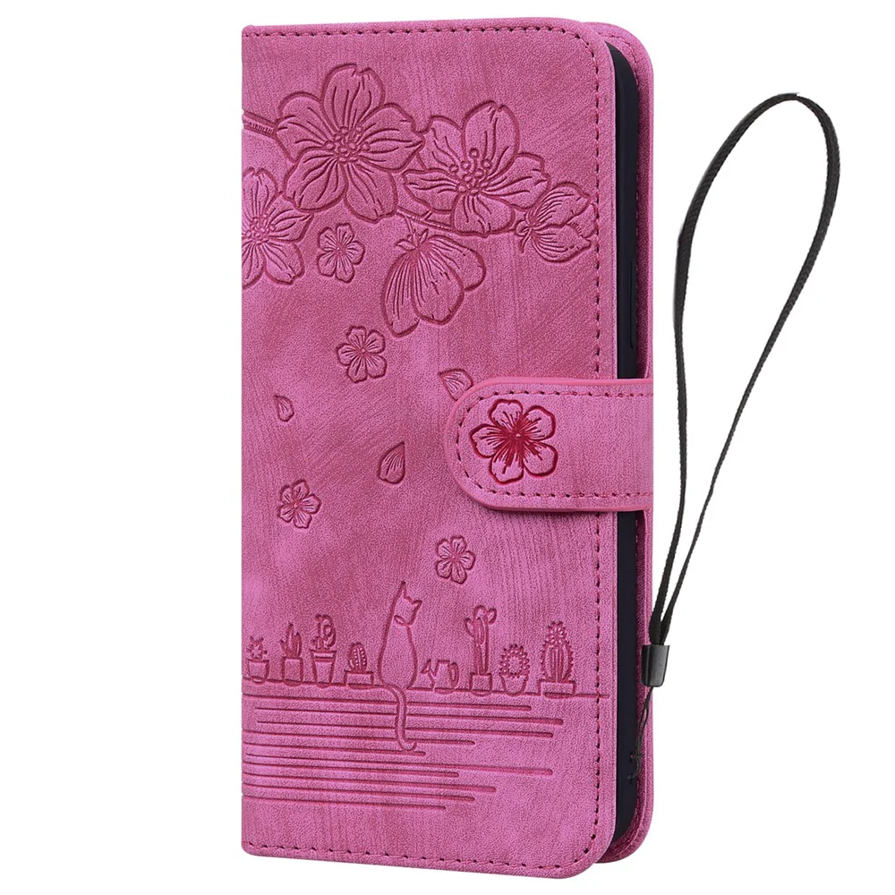 For iPhone 17 Pro Max Case Cherry Blossom Cat Imprinted Leather Phone Cover with Wrist Strap - Rose - Image 5