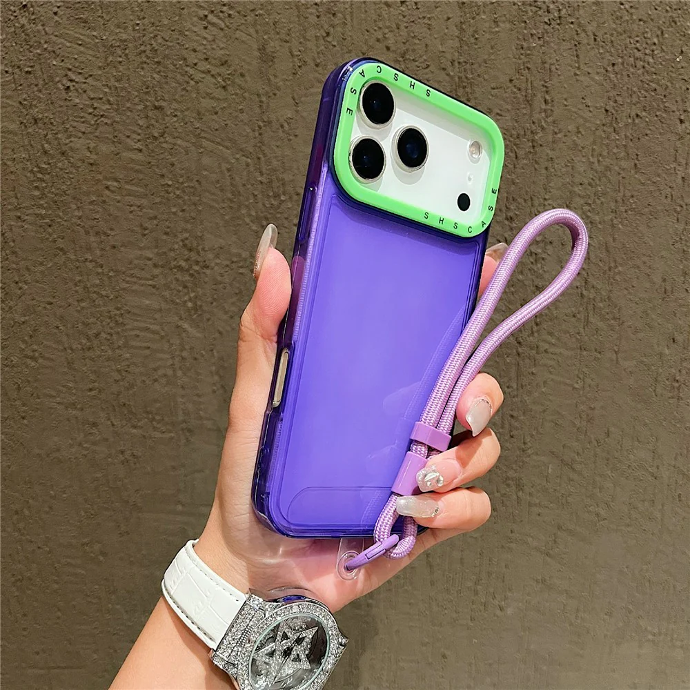 For iPhone 17 Pro Max Case Clear Contrasting Colors Shockproof TPU Phone Back Cover with Wrist Strap - Purple