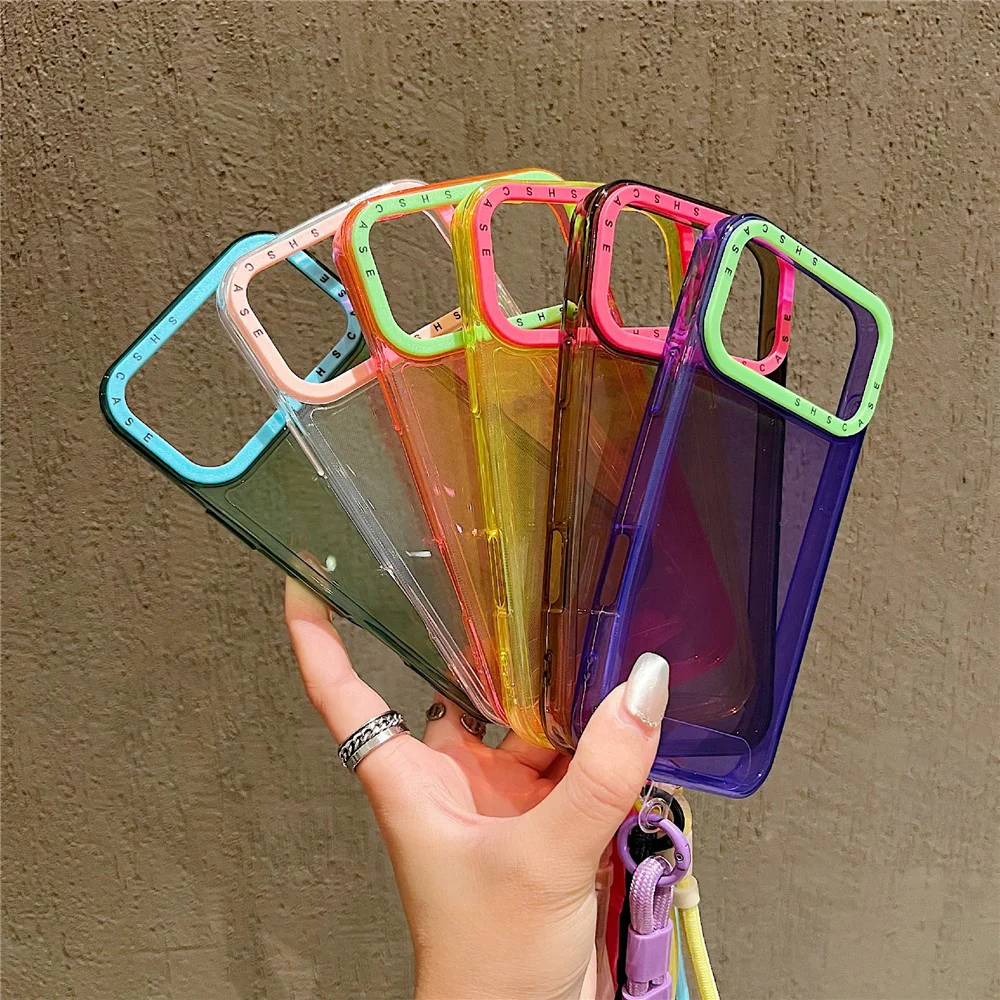 For iPhone 17 Pro Max Case Clear Contrasting Colors Shockproof TPU Phone Back Cover with Wrist Strap - Transparent - Image 6