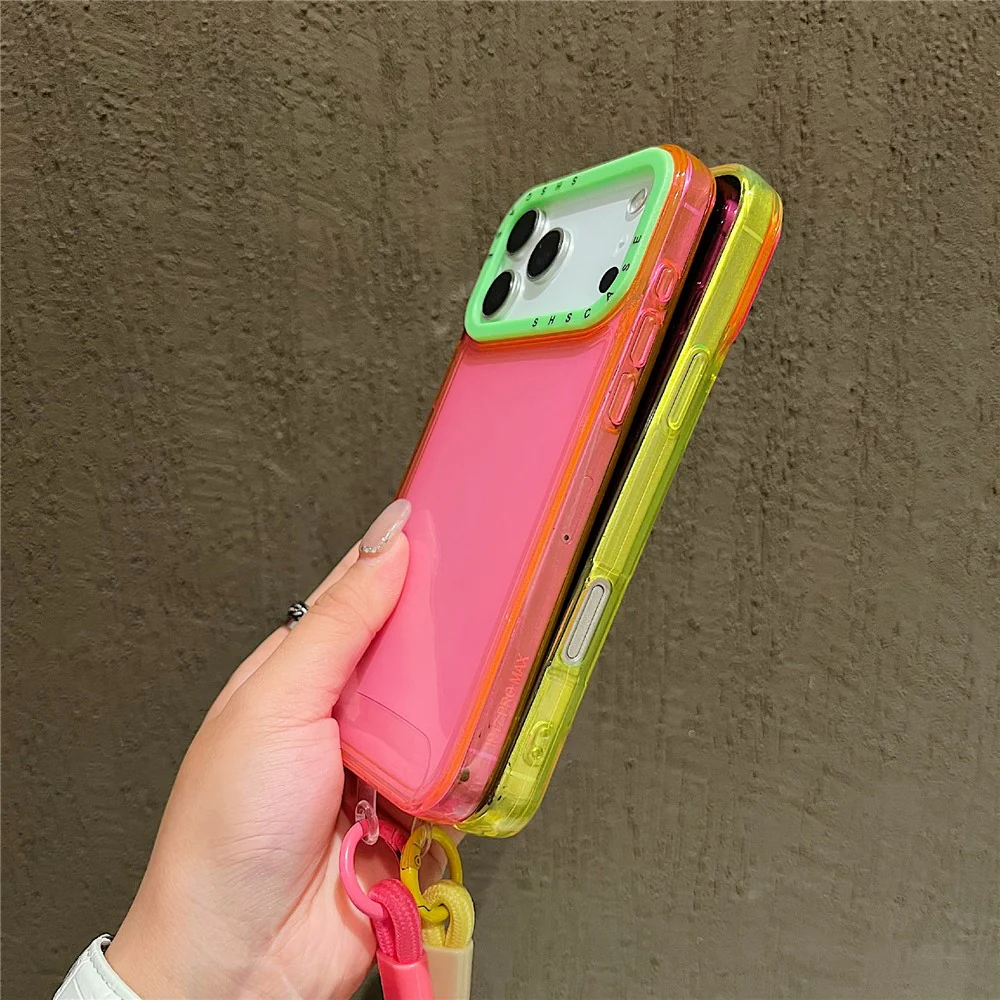 For iPhone 17 Pro Max Case Clear Contrasting Colors Shockproof TPU Phone Back Cover with Wrist Strap - Yellow - Image 3