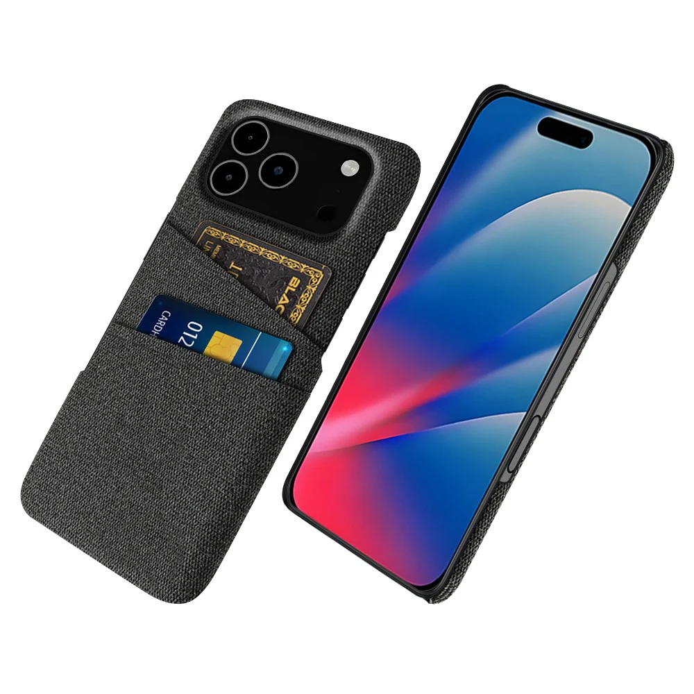 For iPhone 17 Pro Max Case Cloth + Hard PC Phone Cover with Dual Card Slots - Black