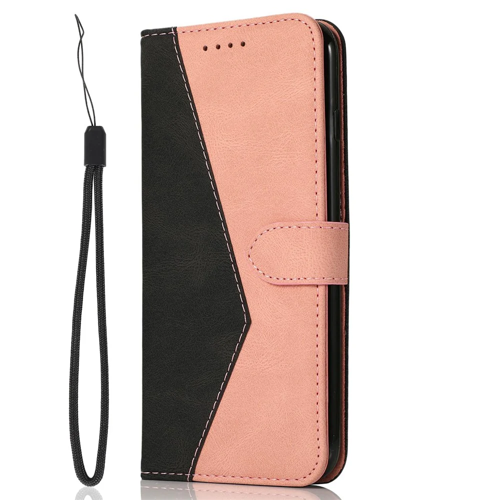 For iPhone 17 Pro Max Case Color Splicing Wallet Stand Leather Phone Cover with Wrist Strap - Black / Rose Gold - Image 5