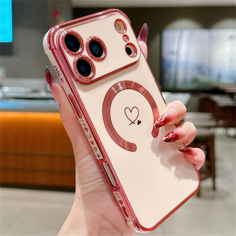 For iPhone 17 Pro Max Case Compatible with MagSafe Electroplated TPU Phone Cover Hollow Love Hearts - Rose Pink - Image 2
