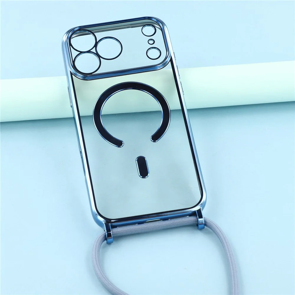 For iPhone 17 Pro Max Case Compatible with MagSafe Electroplating Edge TPU Phone Cover with Screen Film / Shoulder Strap - Blue - Image 7