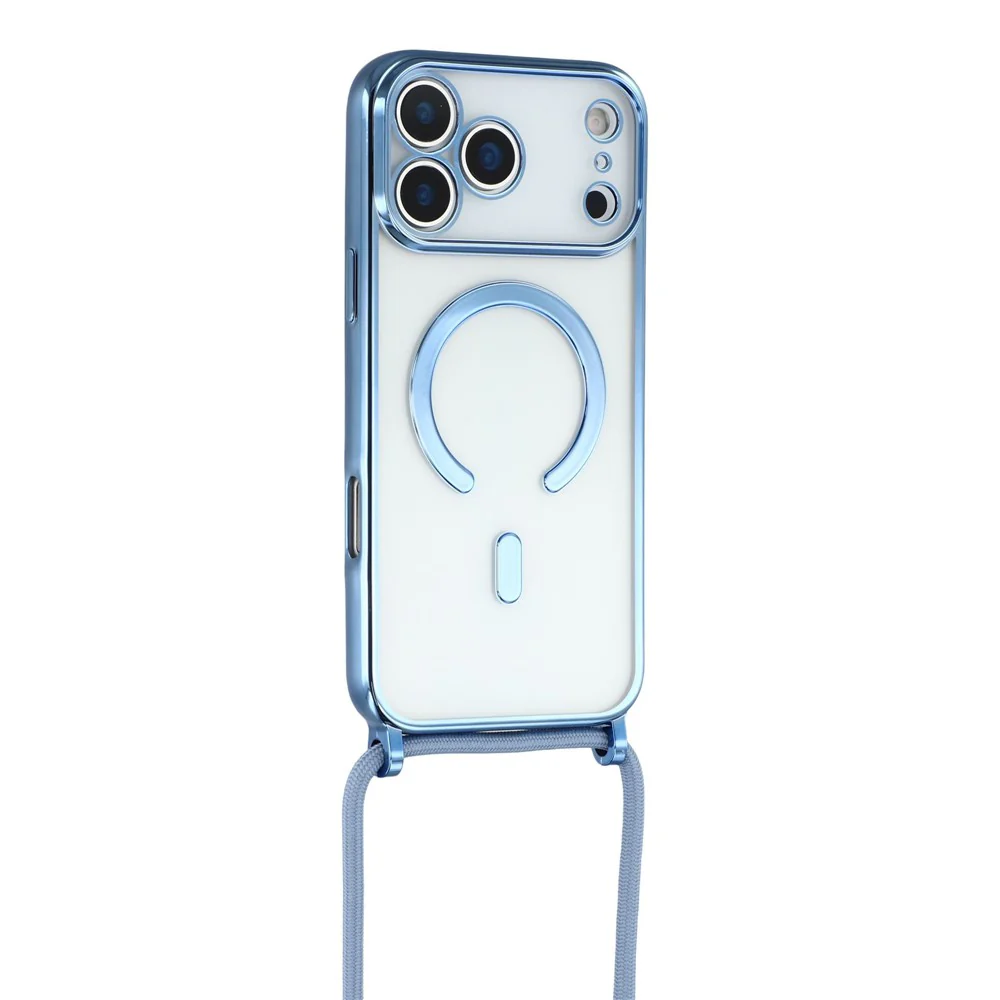 For iPhone 17 Pro Max Case Compatible with MagSafe Electroplating Edge TPU Phone Cover with Shoulder Strap - Blue - Image 3