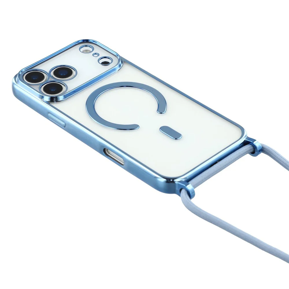 For iPhone 17 Pro Max Case Compatible with MagSafe Electroplating Edge TPU Phone Cover with Shoulder Strap - Blue - Image 4