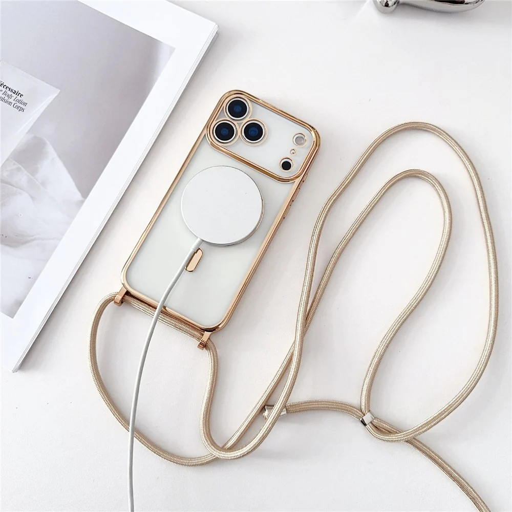 For iPhone 17 Pro Max Case Compatible with MagSafe Electroplating TPU Phone Cover with Long Lanyard - Gold - Image 2