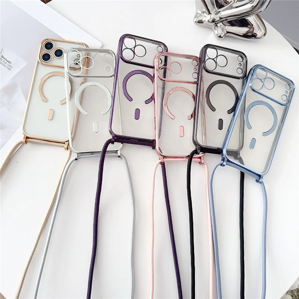 For iPhone 17 Pro Max Case Compatible with MagSafe Electroplating TPU Phone Cover with Long Lanyard - Gold - Image 7