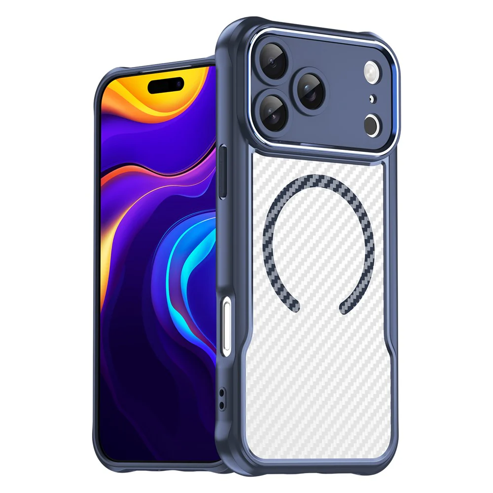 For iPhone 17 Pro Max Case Compatible with MagSafe Hybrid Phone Cover Carbon Fiber - Blue