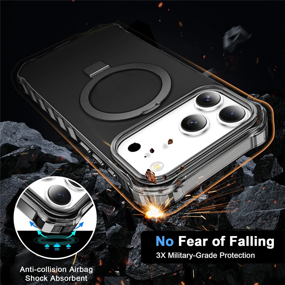 For iPhone 17 Pro Max Case Compatible with MagSafe Matte Kickstand Hybrid Phone Cover Small Wavy Edge - Black - Image 3