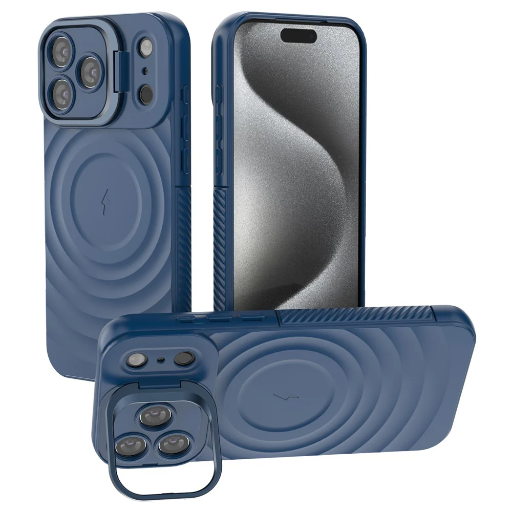 For iPhone 17 Pro Max Case Compatible with MagSafe PC Kickstand Ripple Texture TPU Phone Cover - Blue