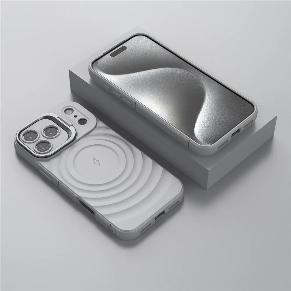 For iPhone 17 Pro Max Case Compatible with MagSafe PC Kickstand Ripple Texture TPU Phone Cover - Grey - Image 4