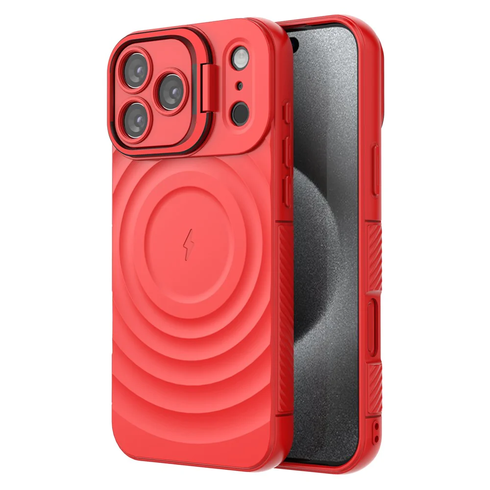 For iPhone 17 Pro Max Case Compatible with MagSafe PC Kickstand Ripple Texture TPU Phone Cover - Red - Image 2