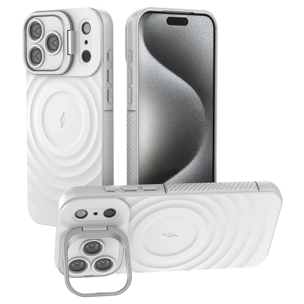 For iPhone 17 Pro Max Case Compatible with MagSafe PC Kickstand Ripple Texture TPU Phone Cover - White