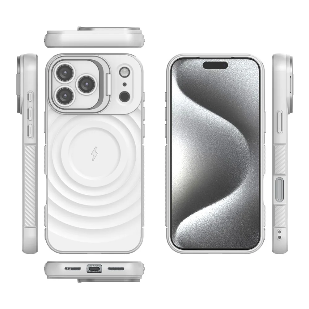 For iPhone 17 Pro Max Case Compatible with MagSafe PC Kickstand Ripple Texture TPU Phone Cover - White - Image 3