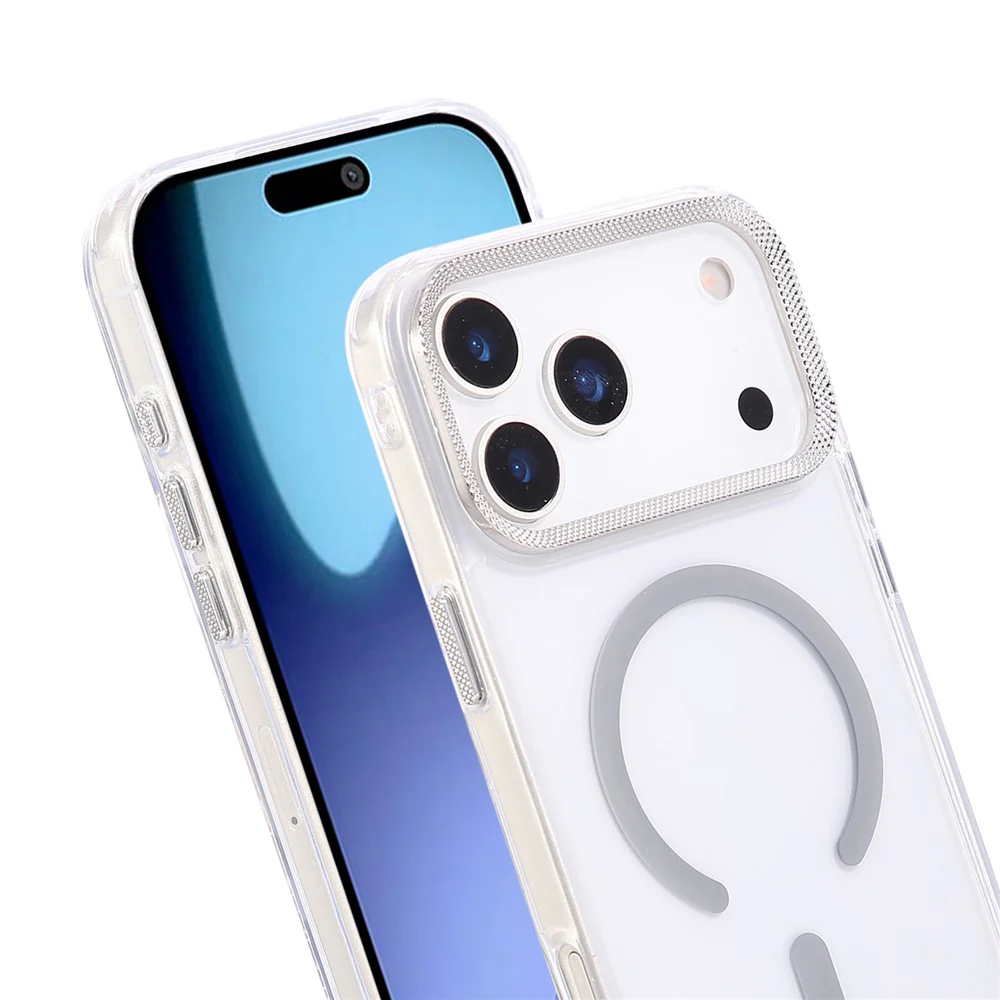 For iPhone 17 Pro Max Case Compatible with MagSafe PC + TPU Clear Phone Cover with Diamond Texture Lens Frame - Grey - Image 3