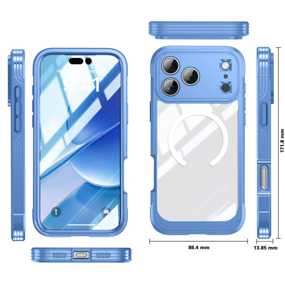 For iPhone 17 Pro Max Case Compatible with MagSafe PC + TPU Phone Cover with Tempered Glass Screen Film - Sky Blue - Image 4