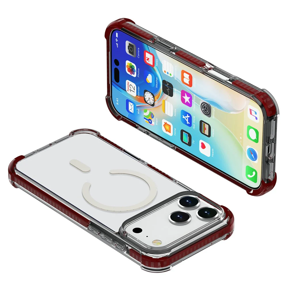For iPhone 17 Pro Max Case Compatible with MagSafe Reinforced Corners TPU + Acrylic + TPE Phone Cover - Wine Red - Image 4