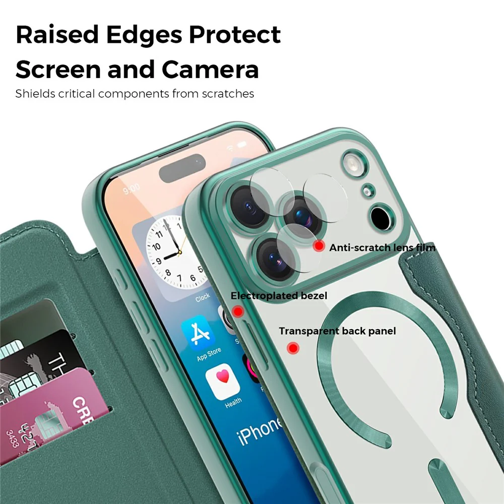 For iPhone 17 Pro Max Case Compatible with MagSafe RFID Blocking Card Holder Leather Phone Cover - Blackish Green - Image 6