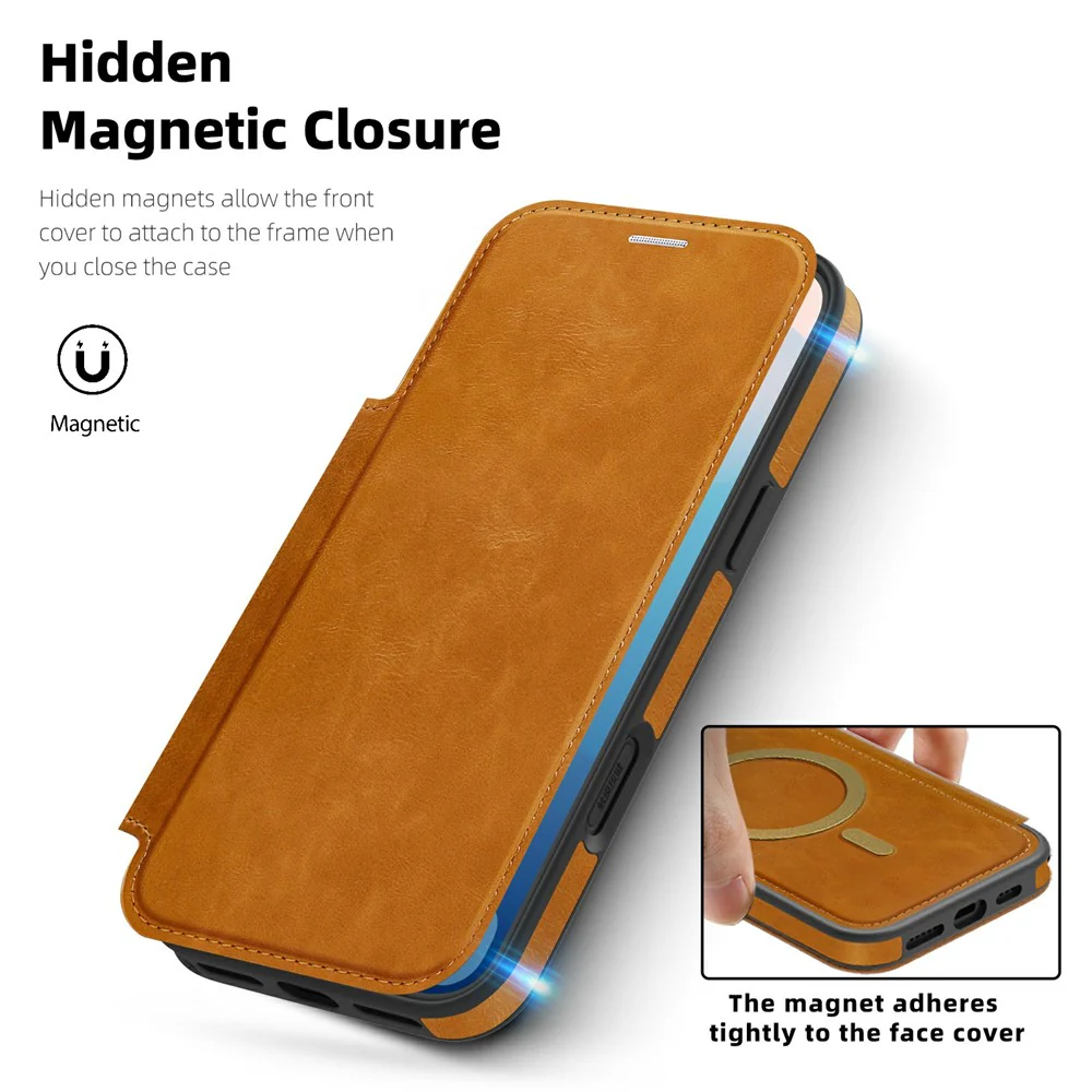 For iPhone 17 Pro Max Case Compatible with MagSafe RFID Blocking Card Holder Leather Phone Cover - Brown - Image 5