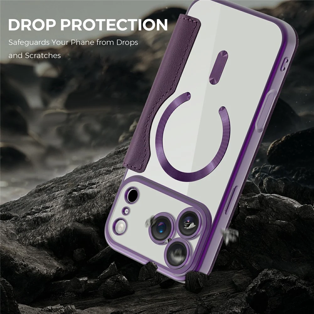 For iPhone 17 Pro Max Case Compatible with MagSafe RFID Blocking Card Holder Leather Phone Cover - Dark Purple - Image 5
