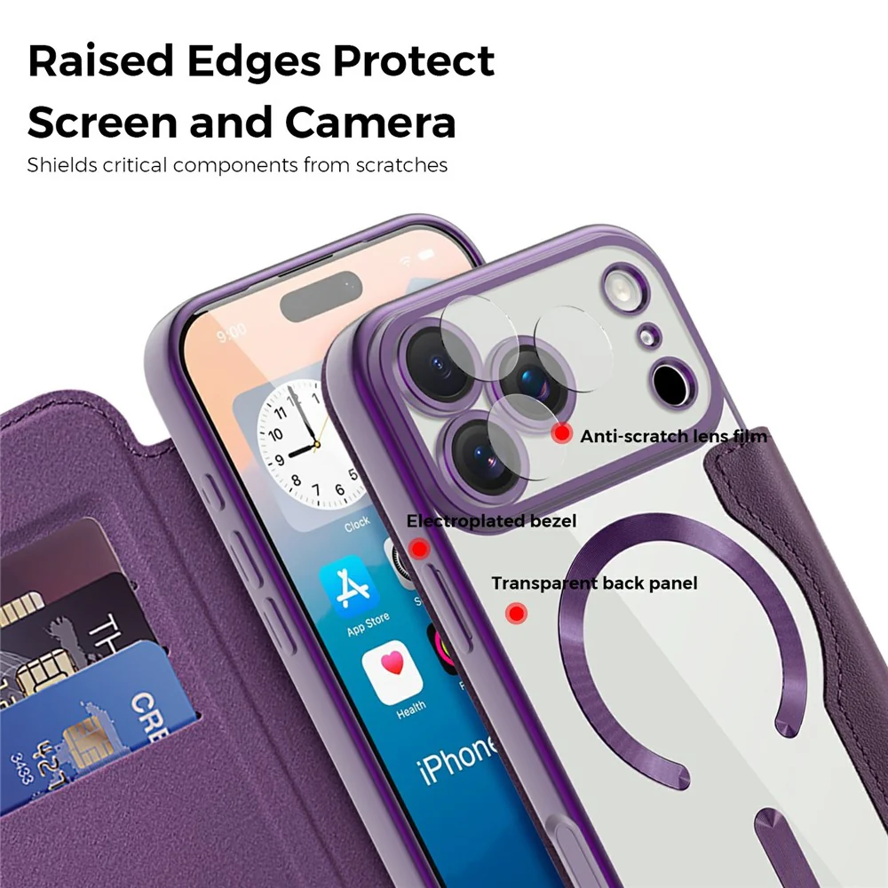 For iPhone 17 Pro Max Case Compatible with MagSafe RFID Blocking Card Holder Leather Phone Cover - Dark Purple - Image 6