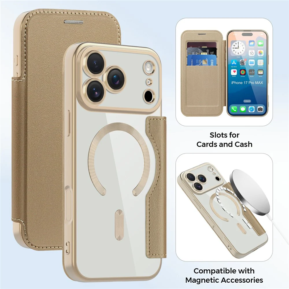 For iPhone 17 Pro Max Case Compatible with MagSafe RFID Blocking Card Holder Leather Phone Cover - Desert Gold - Image 8