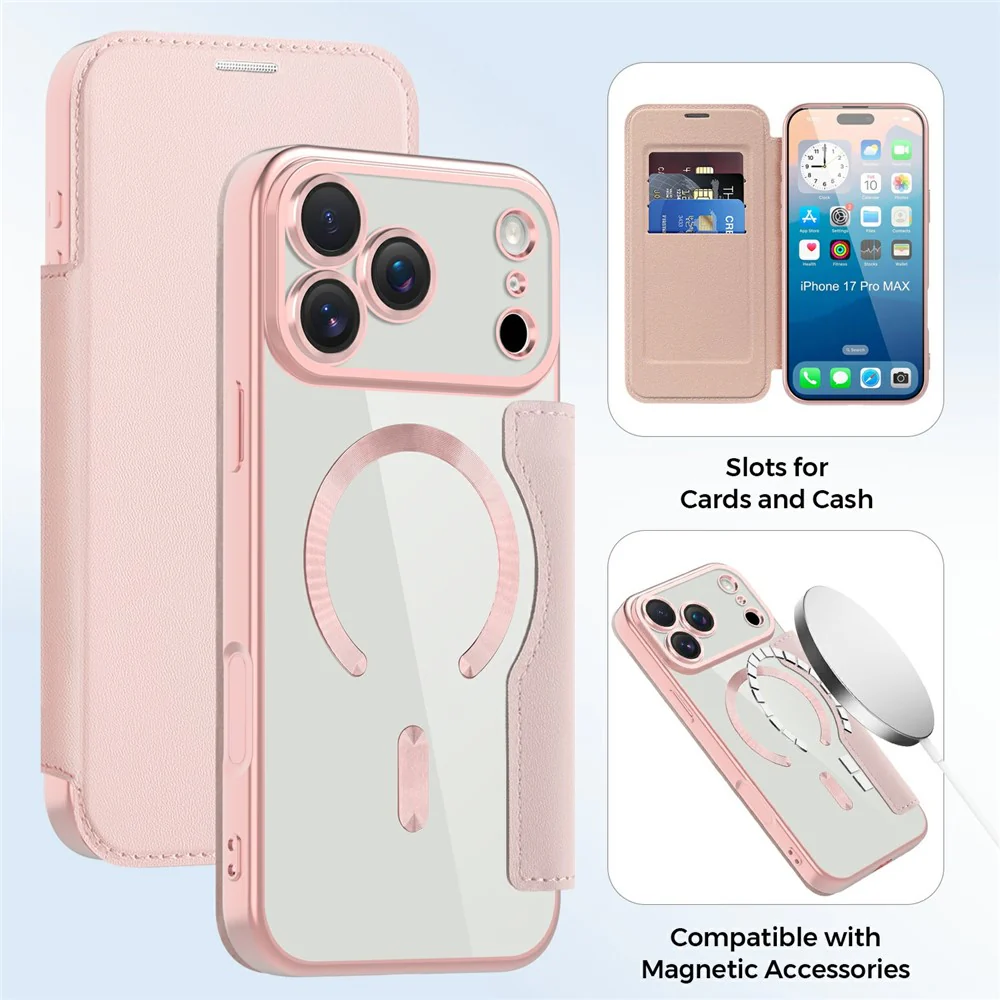 For iPhone 17 Pro Max Case Compatible with MagSafe RFID Blocking Card Holder Leather Phone Cover - Pink - Image 8