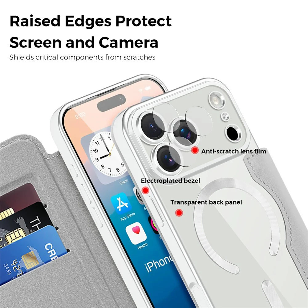 For iPhone 17 Pro Max Case Compatible with MagSafe RFID Blocking Card Holder Leather Phone Cover - Titanium Grey - Image 6