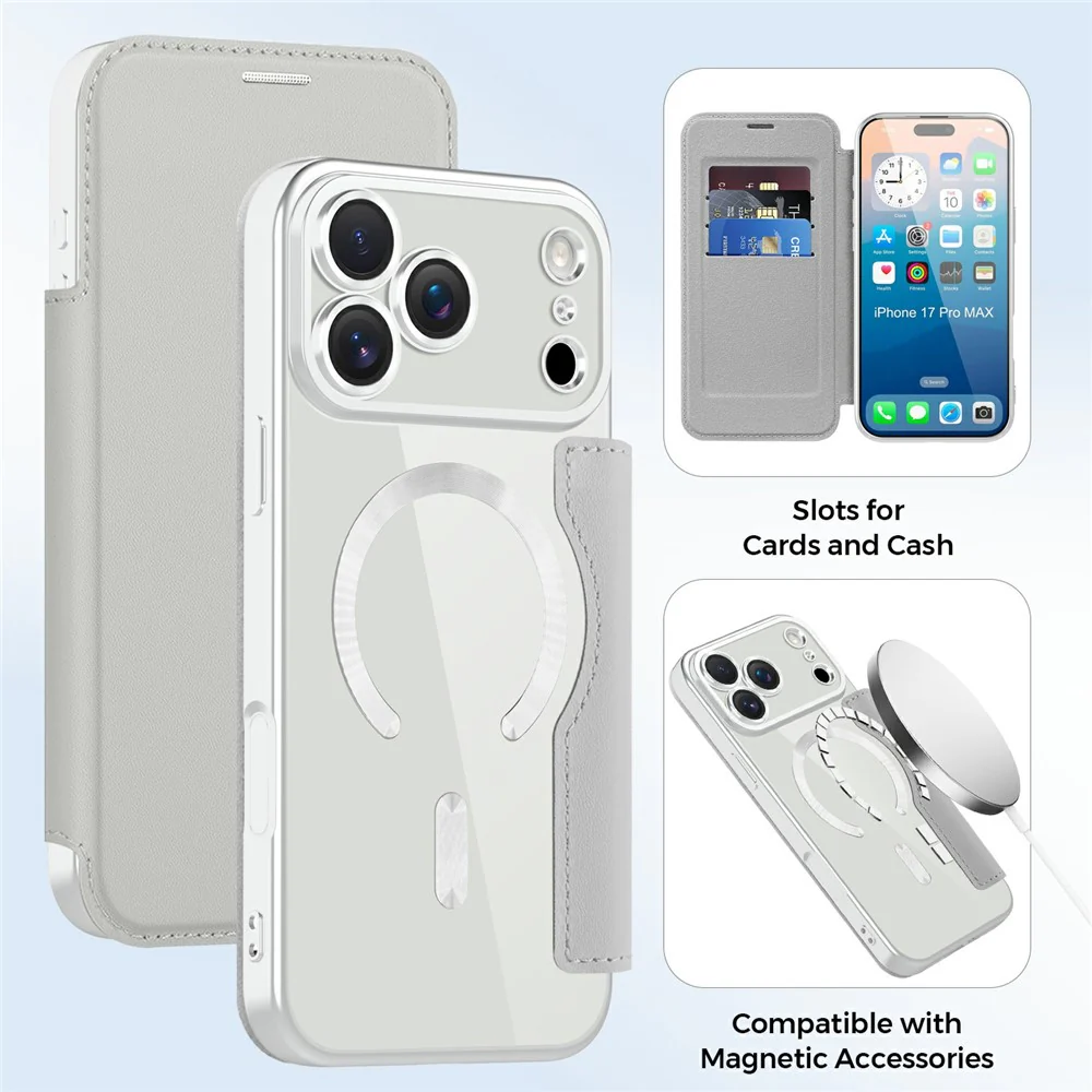 For iPhone 17 Pro Max Case Compatible with MagSafe RFID Blocking Card Holder Leather Phone Cover - Titanium Grey - Image 8