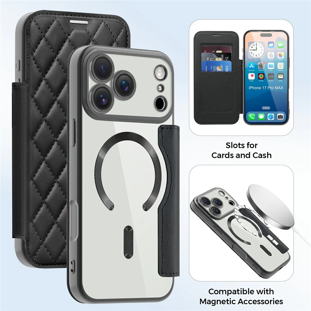 For iPhone 17 Pro Max Case Compatible with MagSafe Rhombus PU Leather Phone Cover - Black - Image 8