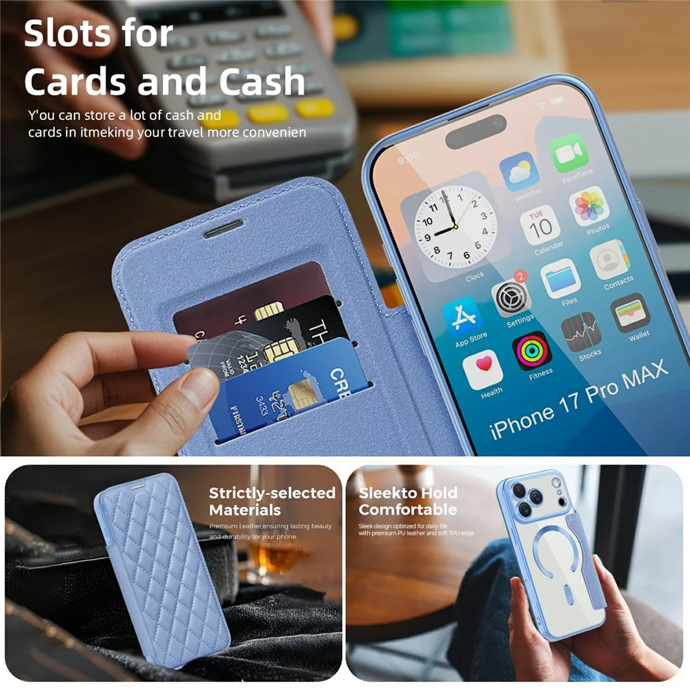 For iPhone 17 Pro Max Case Compatible with MagSafe Rhombus PU Leather Phone Cover - Blue - Image 3