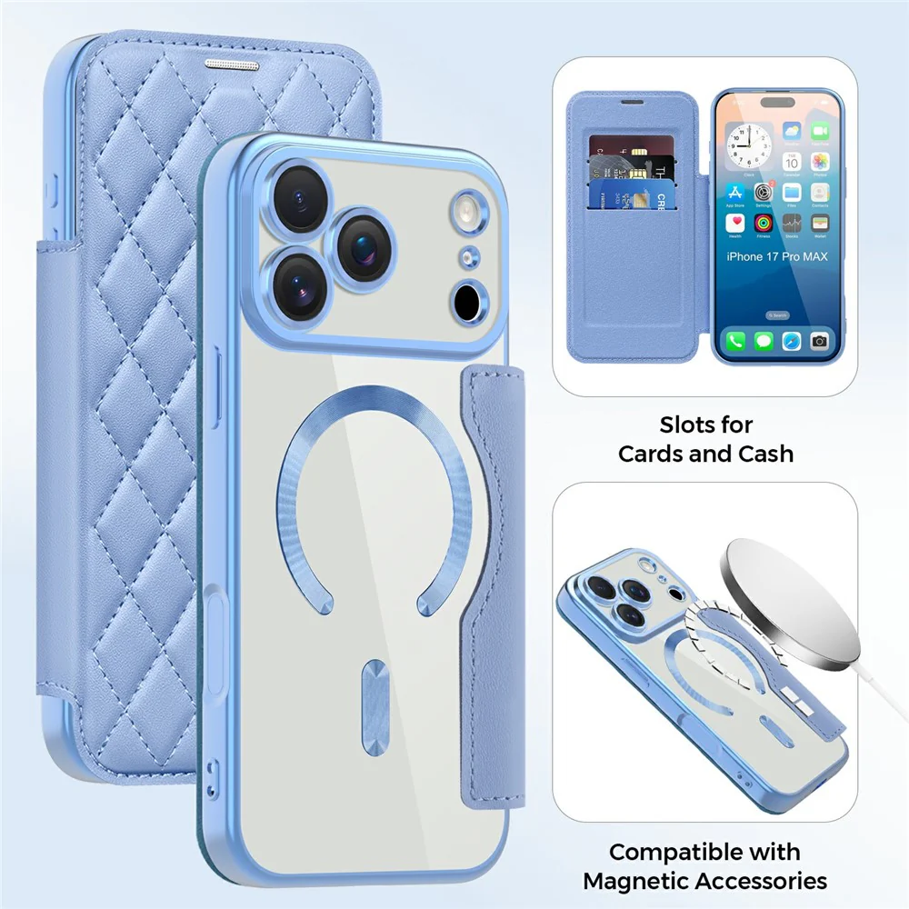 For iPhone 17 Pro Max Case Compatible with MagSafe Rhombus PU Leather Phone Cover - Blue - Image 8