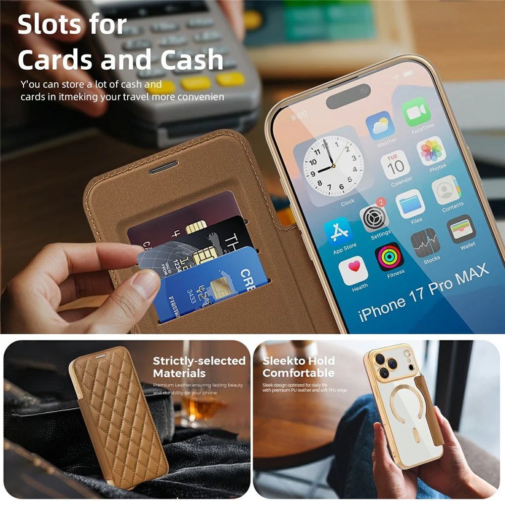 For iPhone 17 Pro Max Case Compatible with MagSafe Rhombus PU Leather Phone Cover - Brown - Image 3