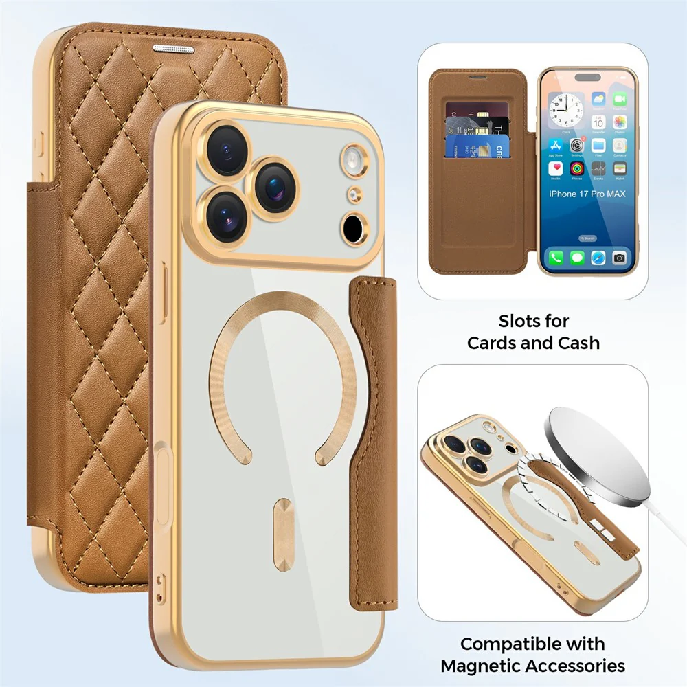 For iPhone 17 Pro Max Case Compatible with MagSafe Rhombus PU Leather Phone Cover - Brown - Image 8