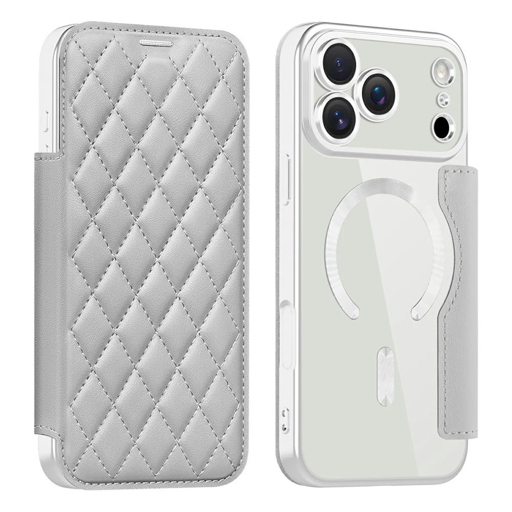 For iPhone 17 Pro Max Case Compatible with MagSafe Rhombus PU Leather Phone Cover - Titanium Grey