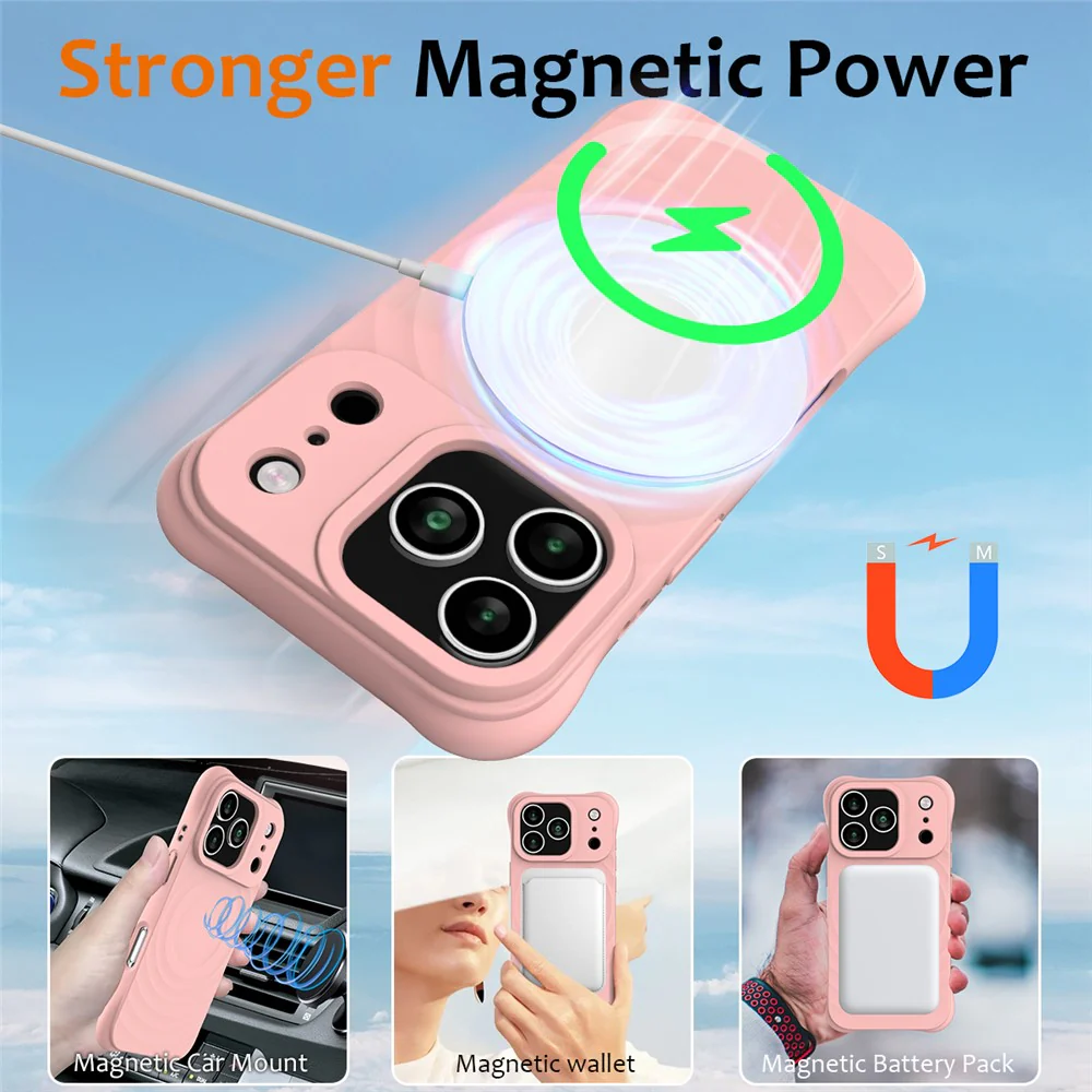 For iPhone 17 Pro Max Case Compatible with MagSafe Ripple Texture Liquid Silicone Protective Cover with Strap - Pink - Image 5