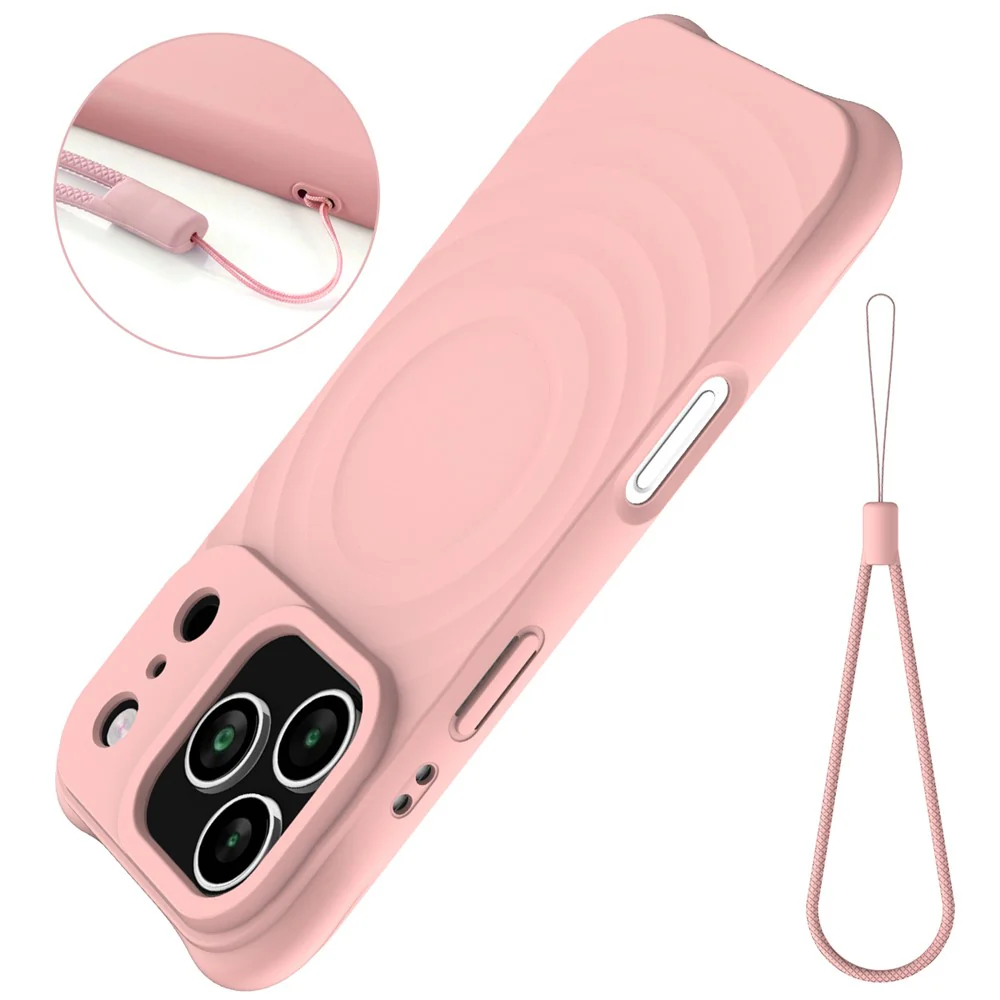 For iPhone 17 Pro Max Case Compatible with MagSafe Ripple Texture Liquid Silicone Protective Cover with Strap - Pink - Image 8