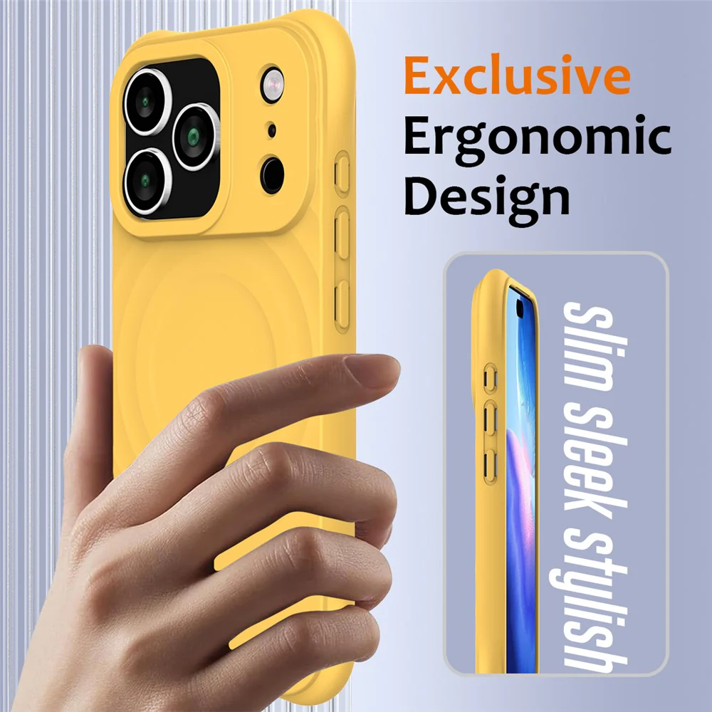 For iPhone 17 Pro Max Case Compatible with MagSafe Ripple Texture Liquid Silicone Protective Cover with Strap - Yellow - Image 3